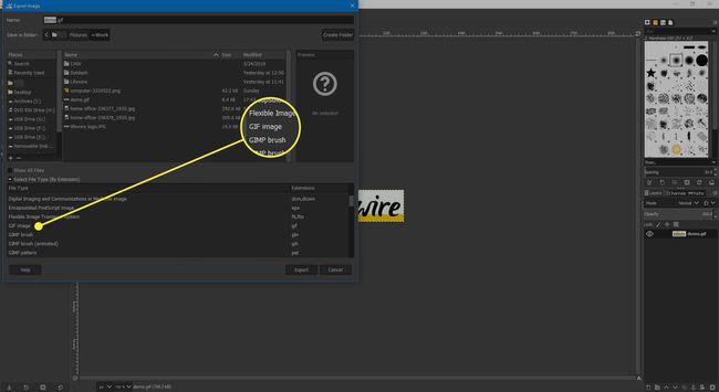 Kuvakaappaus GIMPS Save As -ikkunasta, jossa GIF-kuvatiedostotyyppi on korostettuna