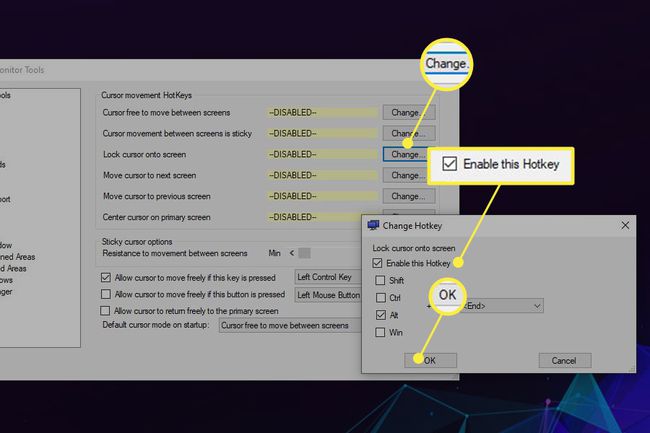 Dual Monitor Tools Vaihda lukitusnäytön valikon pikakuvake Muuta, Ota tämä pikakuvake käyttöön ja OK korostettuna