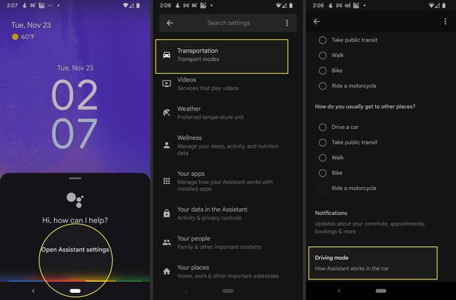 Avaa Assistantin asetukset niin, että Google Assistant, Kuljetus ja ajotila on korostettuina