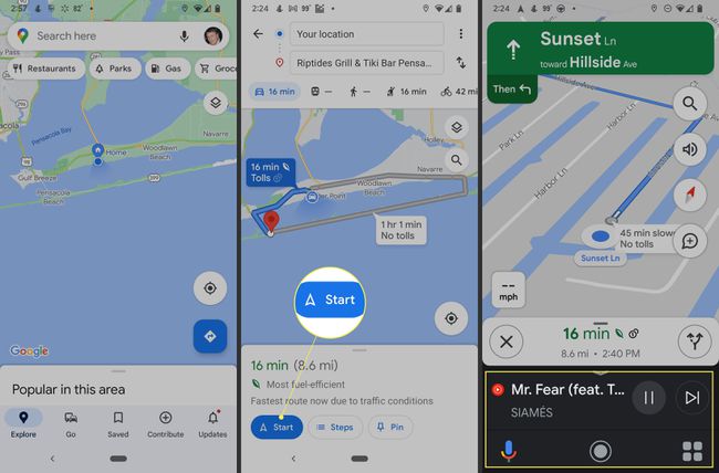 Google Maps Androidilla, jossa Start ja Ajotila korostettuina