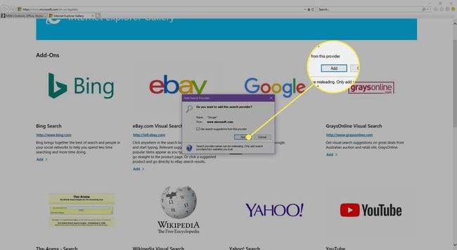 Internet Explorerin galleria, jossa Lisää-painike on korostettuna