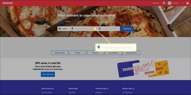 Grubhub-hakupalkin Sijainti-osio