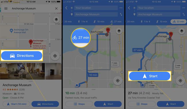 Kolme iOS-näyttöä Google Mapsin reittiohje-, pyöräily- ja kotipainikkeella