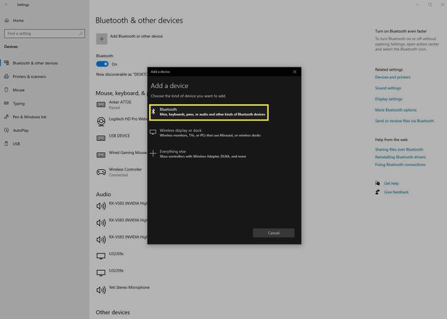 Lisää Bluetooth-laite Windows 10 -asetusruutuun.