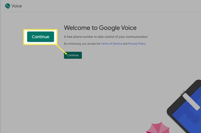 Google Voicen tervetulosivu, jossa Jatka-painike on korostettuna