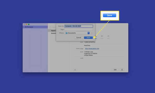 Mac Contacts -sovellus, jossa on arkistoitu tiedosto nimeltä ja Tallenna korostettuna