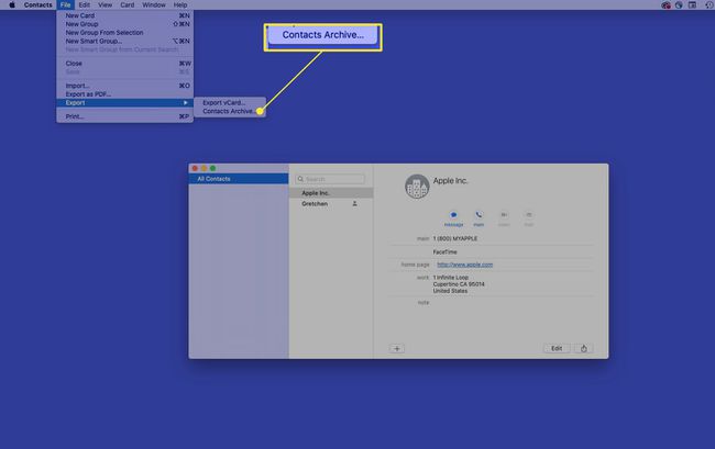Mac Contacts -sovellus, jossa "Yhteystietoarkisto" on korostettuna