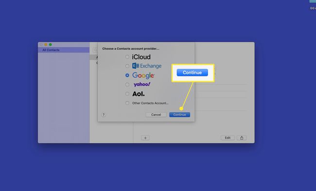 Lisää Mac-yhteystietosovellus Google, jossa Jatka on korostettuna