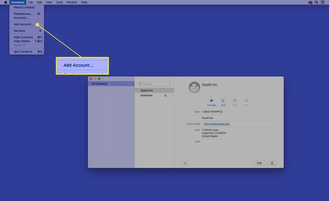 Mac Contacts -sovellus, jossa on korostettuna Lisää tili