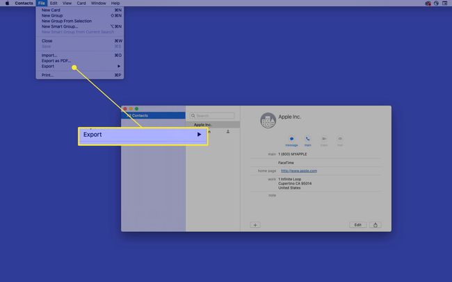 Mac-yhteystiedot, joissa "Vie" tiedosto -valikkokohta on korostettuna