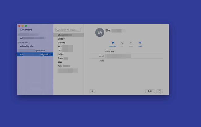 macOS Contacts -sovellus, jossa on lisätyt Google-yhteystiedot