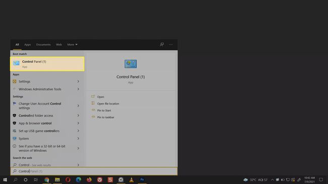 Windows 10 Ohjauspaneeli Käynnistä-valikon hakupalkin kautta