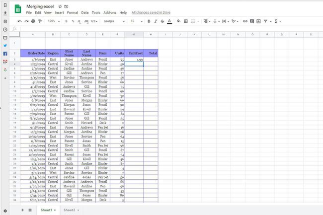 Tuodut tiedot Google Sheets -laskentataulukkoon