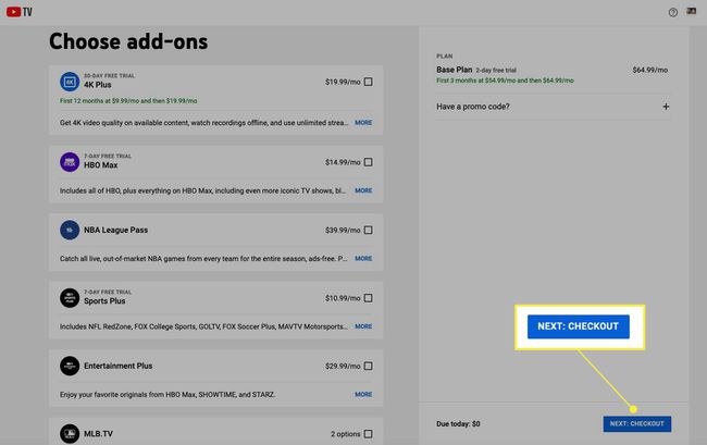 YouTube TV:n rekisteröitymissivu, jossa Next Checkout on korostettuna