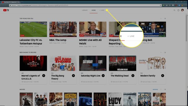 Live-välilehti YouTube TV:ssä