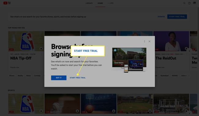 Rekisteröidy YouTube TV:n ilmaiseen kokeilujaksoon, jossa Start Free Trial on korostettuna