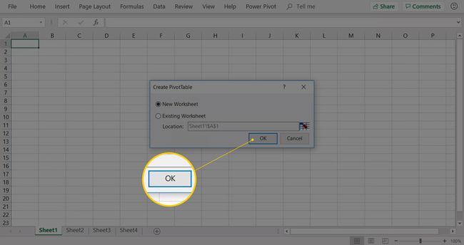 Ok-painike Luo pivottaulukko -valintaikkunassa