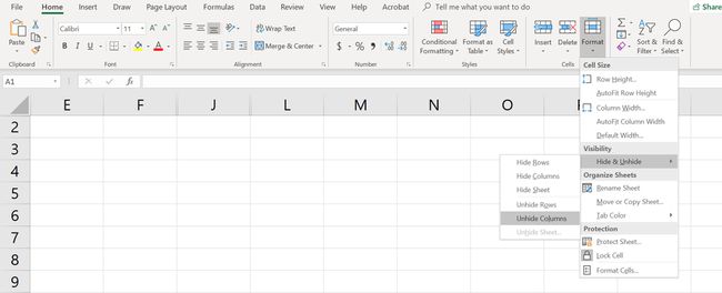 Excel-laskentataulukko, jossa on Näytä sarakkeet, jotka on valittu Muoto-valikosta