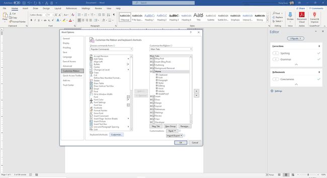Kuvakaappaus Mukauta-painikkeesta Wordin asetusten Pikakuvakkeet-kohdan vieressä