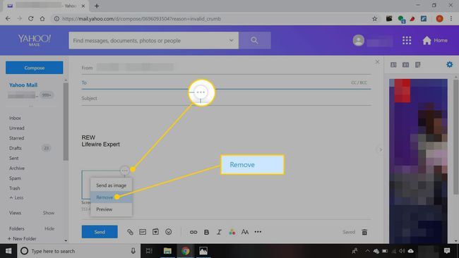 Uusi viesti Yahoo Mailissa, jossa ellipsit ja Poista liite -vaihtoehto korostettuna
