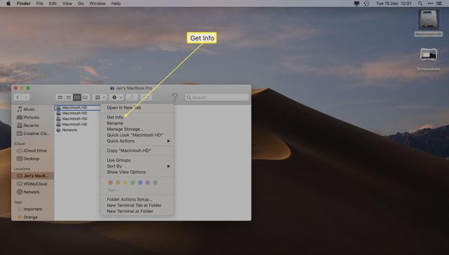 Finder Macintosh HD:lla hiiren oikealla napsautuksella ja Get Info korostettuna