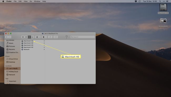 Finder, jossa Macintosh HD korostettuna