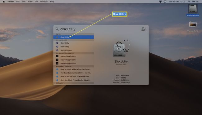 Spotlight, johon on kirjoitettu Disk Utility