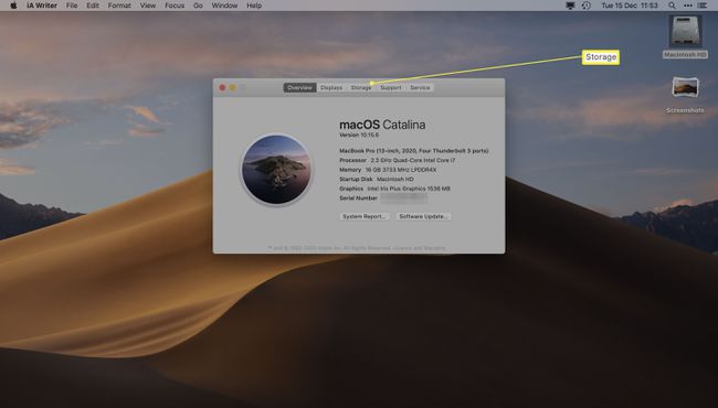Applen työpöytä, jossa Tietoja tästä Macista ja tallennustila on korostettuna