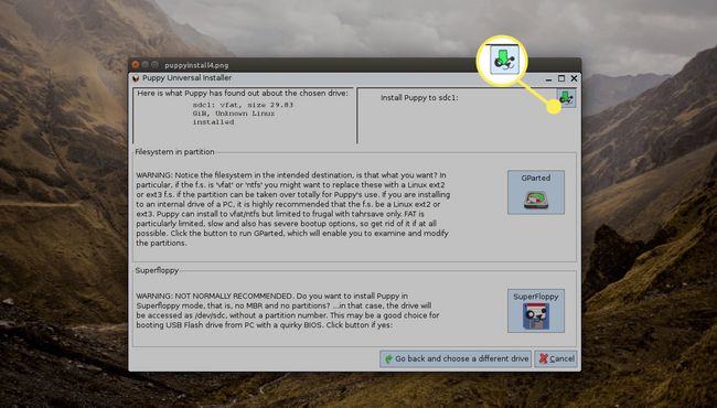 Valitse pieni kuvake oikeassa yläkulmassa sanojen ​Install puppy on sdx vieressä.