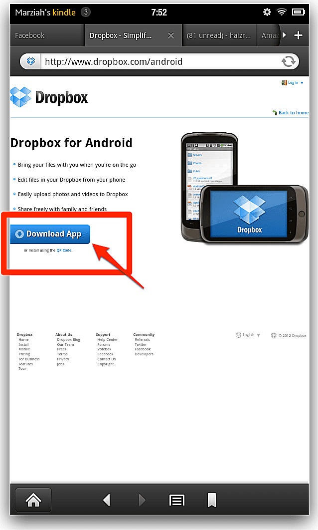 Kuvakaappaus Dropboxin asentamisesta Kindleen