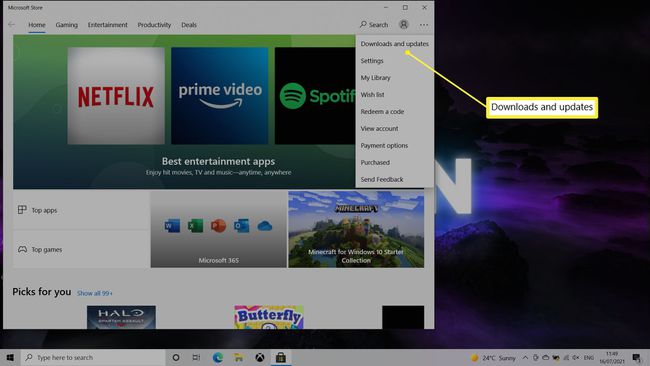 Windows 10 Microsoft Store, jossa lataukset ja päivitykset on korostettuna