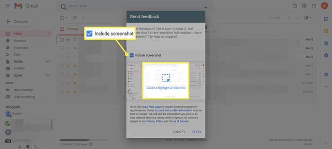 Lisää kuvakaappaus ja napsauta korostaaksesi tai piilottaaksesi tiedot Gmailin palauteikkunassa