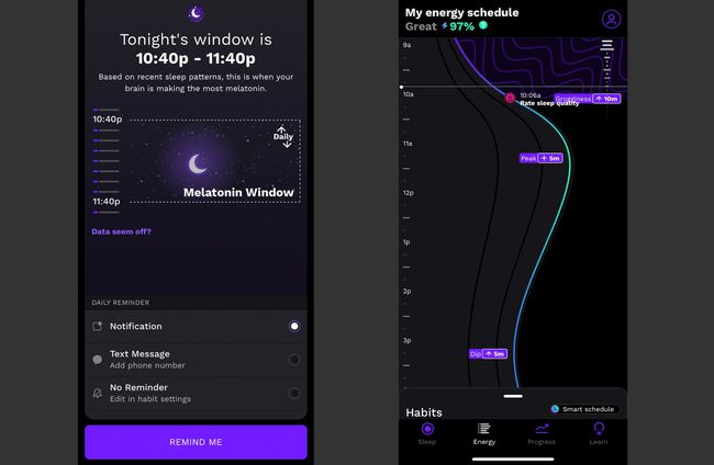 RISE-sovellus iPhonessa, joka näyttää käyttäjien melatoniiniikkunan ja energiasuunnitelman