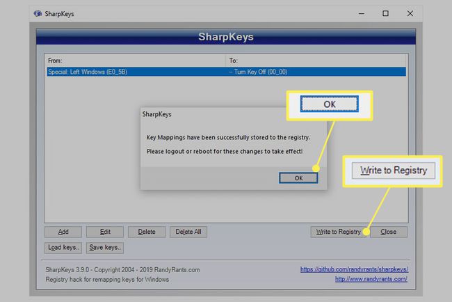 SharpKeys kirjautuu ulos tai käynnistä uudelleen, kun Write to Registry ja OK on korostettuna