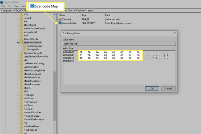 Muokkaa binaariarvoa -ruutua Windowsin rekisterissä Scancode Map ja Binary Values ​​-korostettuina