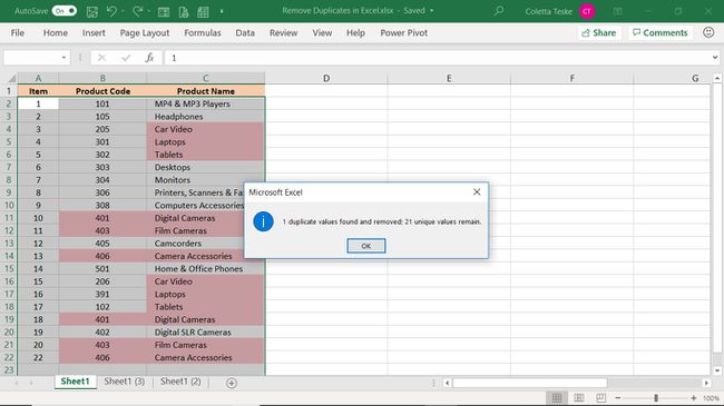 Excel näyttää löydettyjen ja poistettujen arvojen kaksoiskappaleiden määrän