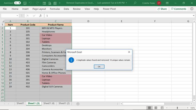 Microsoft Excel -vahvistus Excelissä poistettujen kaksoiskappaleiden määrästä