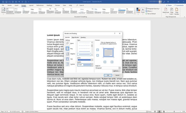 MS Word -valintaikkuna, jossa reunat ja varjostukset näkyvät