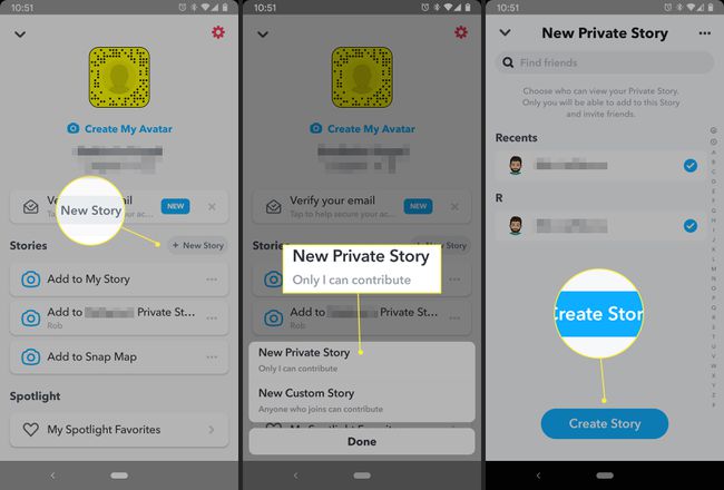 Snapchat-käyttäjä luo profiilistaan ​​uuden yksityisen tarinan
