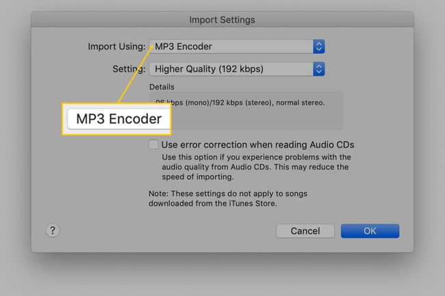 MP3-kooderi iTunesin tuontiasetuksissa