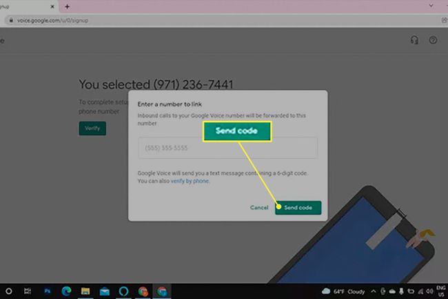 Lähetä koodi -vaihtoehto korostettuna linkin numeron valintaikkunassa, kun kirjaudut Google Voiceen. 