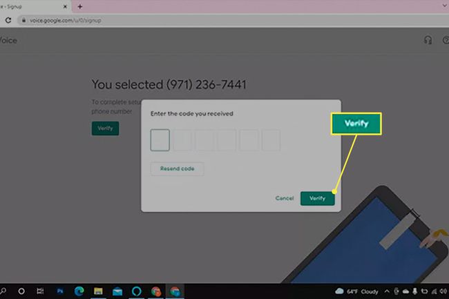 Vahvistuskoodiruutu vahvistaaksesi Google Voice -kirjautumisen.