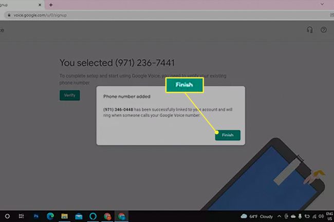 Valmis-painike korostettuna Google Voice -kirjautumisprosessin viimeistelemiseksi.