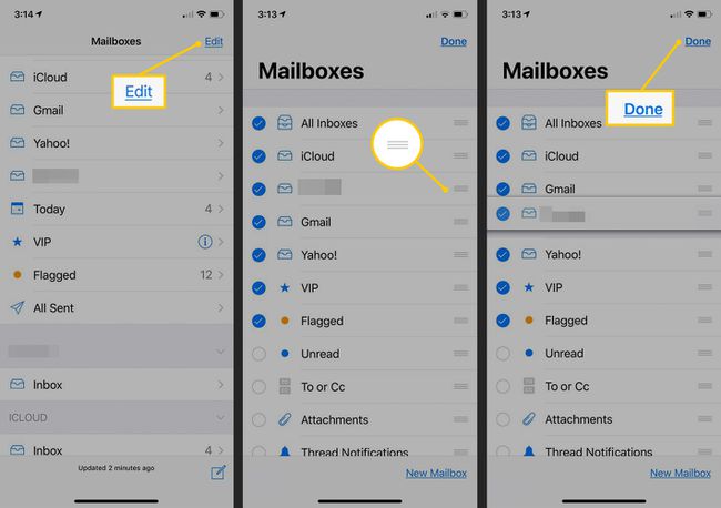 Muokkaa, siirrä kuvake, Valmis-painike iOS Mail -sovelluksessa