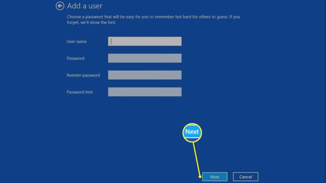 Anna uuden käyttäjätilin käyttäjänimi, salasana ja vihje ja valitse sitten Seuraava.