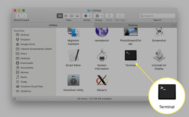Päätesovelluskuvake macOS Finder -ikkunassa