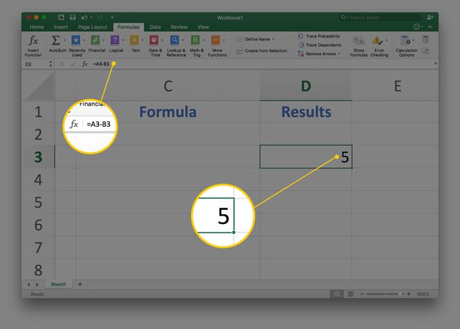 Näyttökaappaus Excelistä Macissa, jossa on 5 Tulokset-sarakkeessa ja =A3-B3 kaavapalkissa