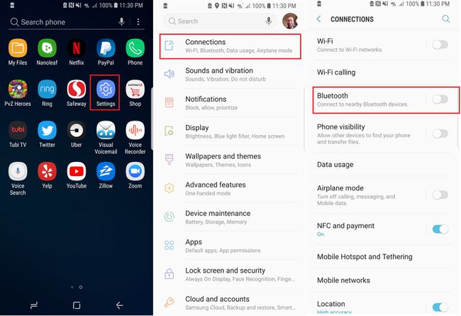 Android-sovellusluettelo, asetukset ja yhteysnäyttö Bluetooth-vaihtoehdoilla