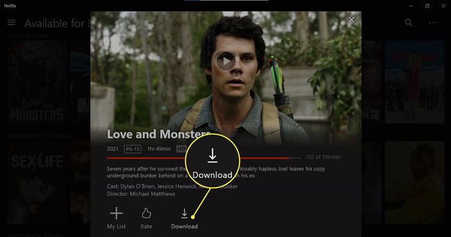 Latausvaihtoehto korostettuna Netflixin Windows-sovelluksessa.