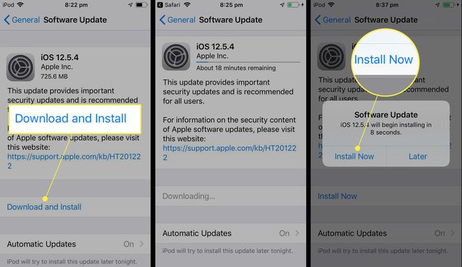 iOS 12.5.4 -päivitys asennetaan iPod touchiin ja "Lataa ja asenna" ja "Asenna nyt" on korostettu